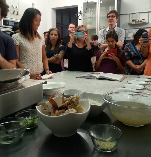Bloggers observing chef Justin Quek of Sky 57 making crab vermicelli in a light ginger broth.